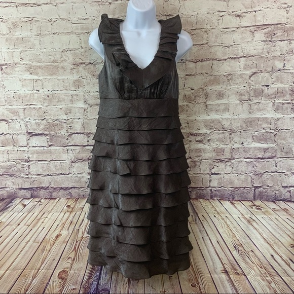 London Times Brown V Neck Tiered Shiny Sleeveless Formal Dress - Picture 1 of 8